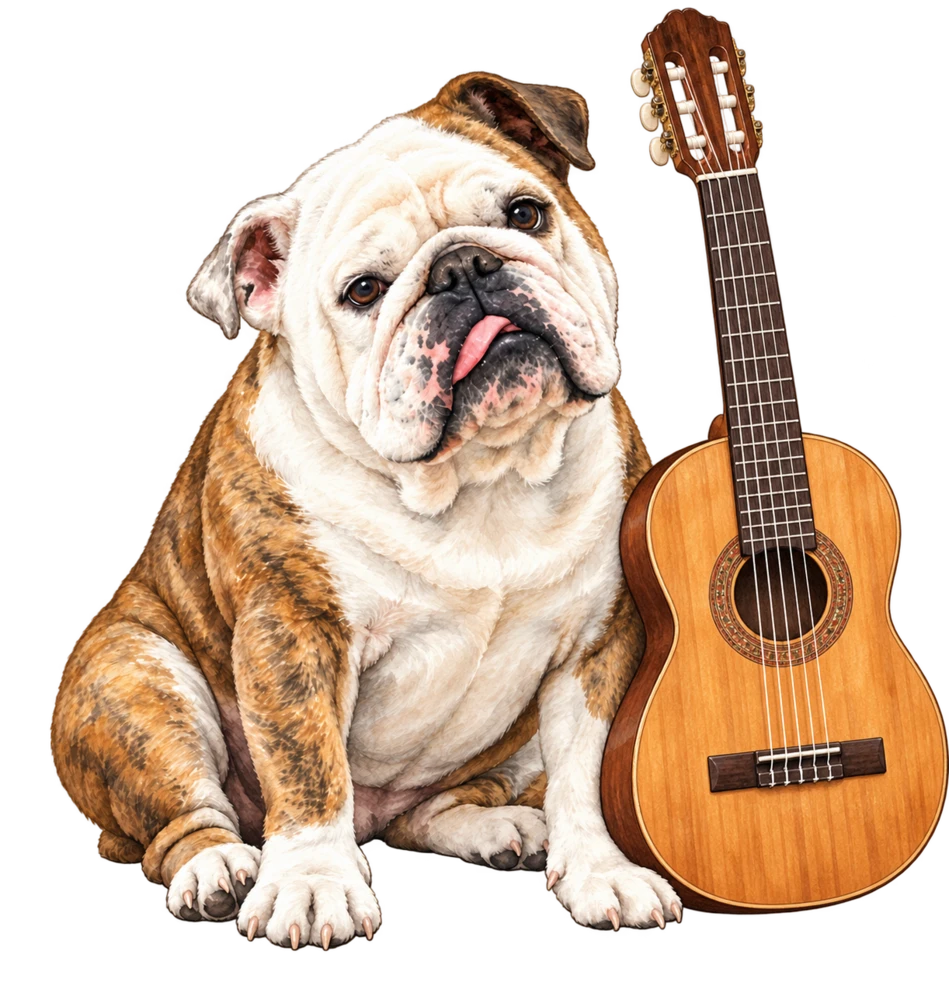 Ilustración de Planck junto a una guitarra clásica de seis cuerdas.